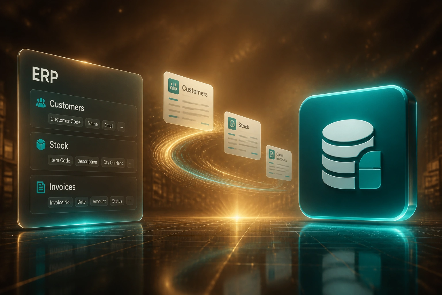 An ERP glass panel and a teal extraction destination connected by a flowing stream of customer, stock, and open invoice documents, illustrating legacy ERP data extraction