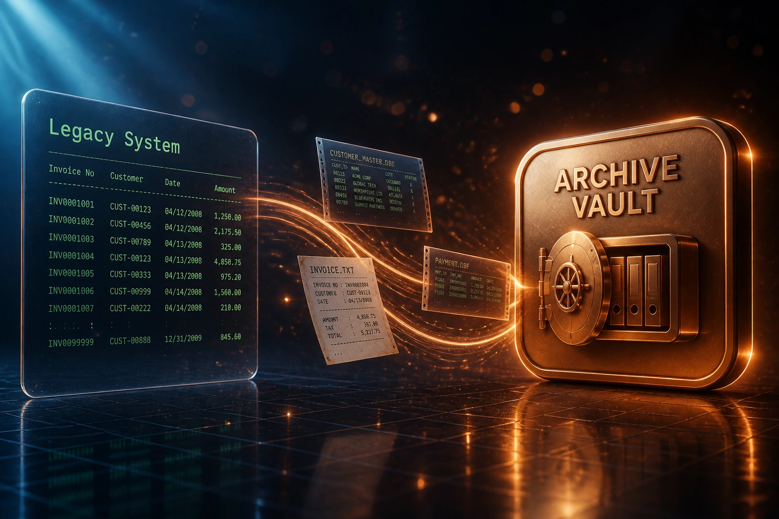 A glass Legacy System panel and a copper Archive Vault badge linked by an S-curved ribbon of archived documents on a deep slate blue floor