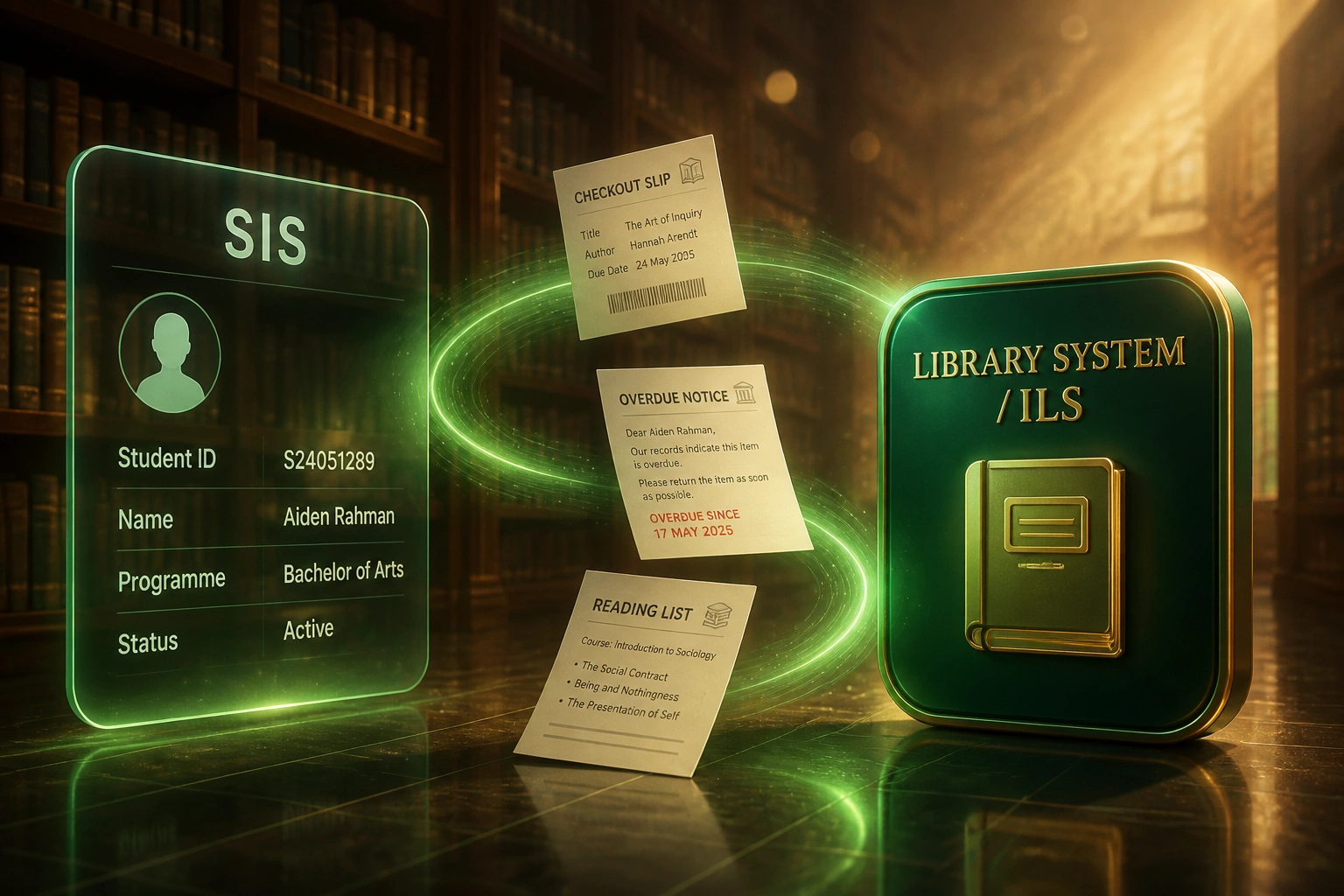 A glass SIS panel and a forest-green Library System badge connected by an emerald ribbon carrying a checkout slip, overdue notice, and reading list