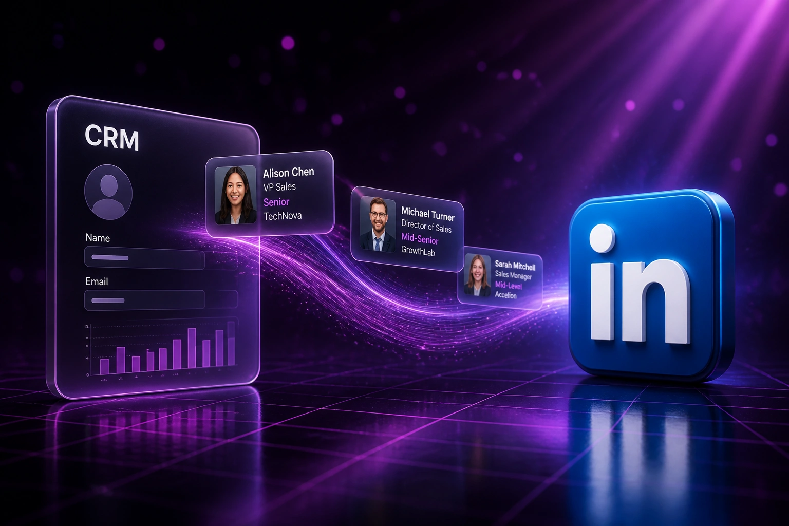 A glass CRM panel and the LinkedIn logo connected by floating contact profile cards showing job titles and seniority, illustrating LinkedIn contact enrichment for sales
