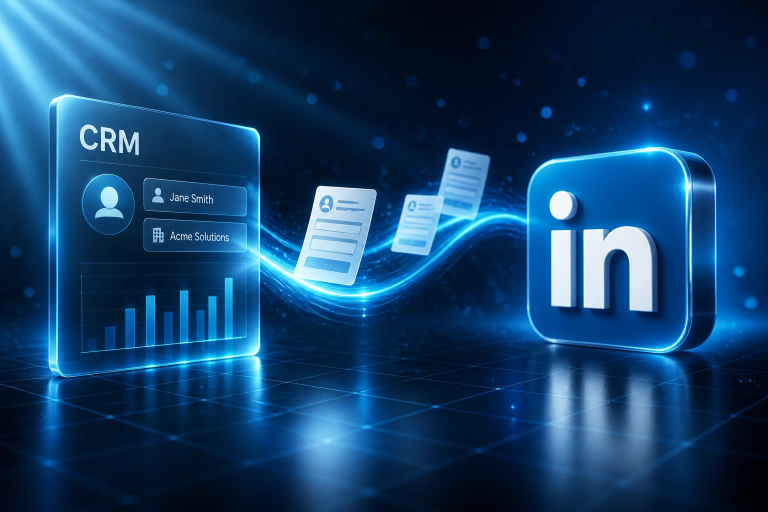 A glass CRM panel and the LinkedIn logo connected by lead form documents on a cyan ribbon, illustrating real-time LinkedIn Lead Gen Forms CRM sync