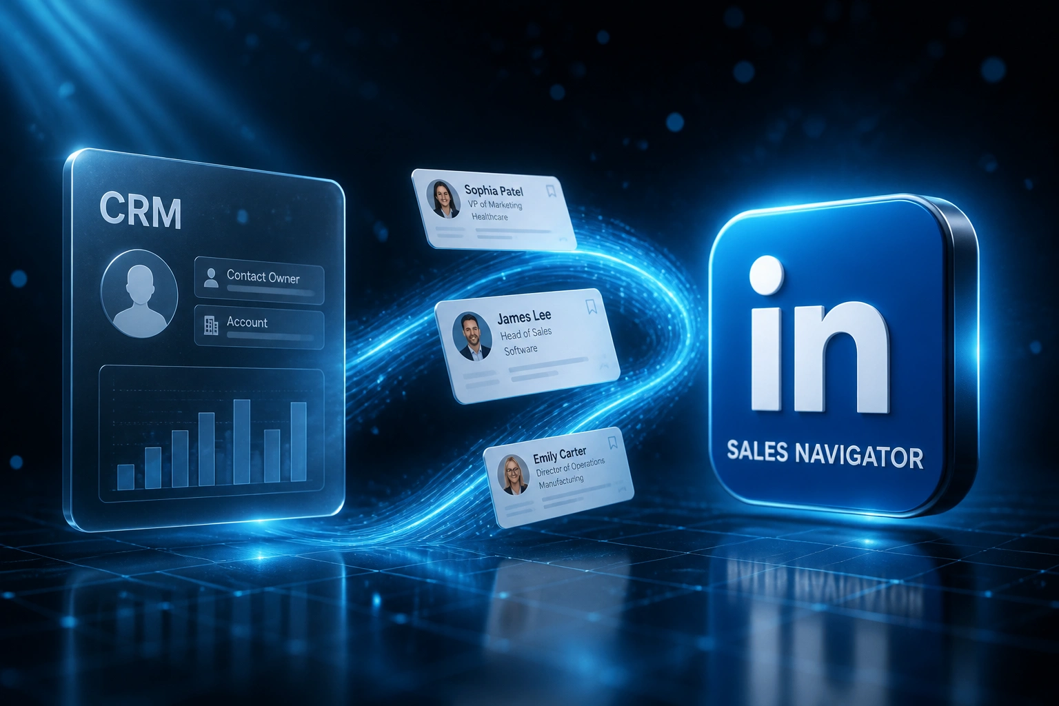 A glass CRM panel and the LinkedIn Sales Navigator logo connected by a cyan ribbon of prospect contact cards, illustrating automated Sales Navigator data export
