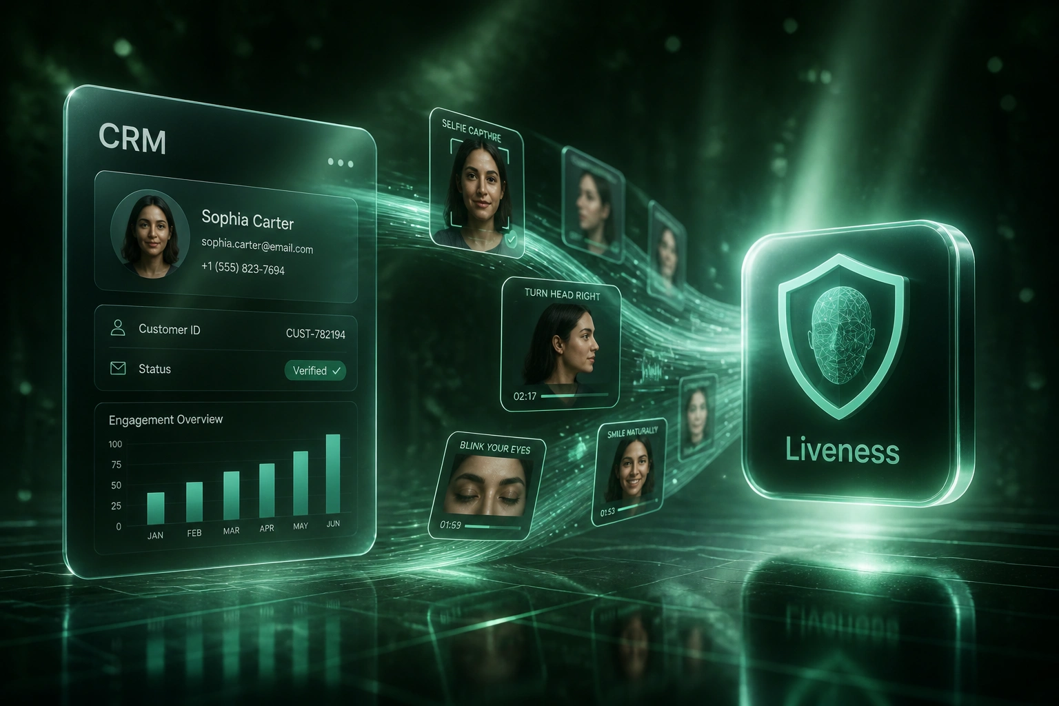 A CRM panel connected by a mint light ribbon of selfie and video challenge frames to a glossy Liveness badge, illustrating biometric anti-spoofing in onboarding