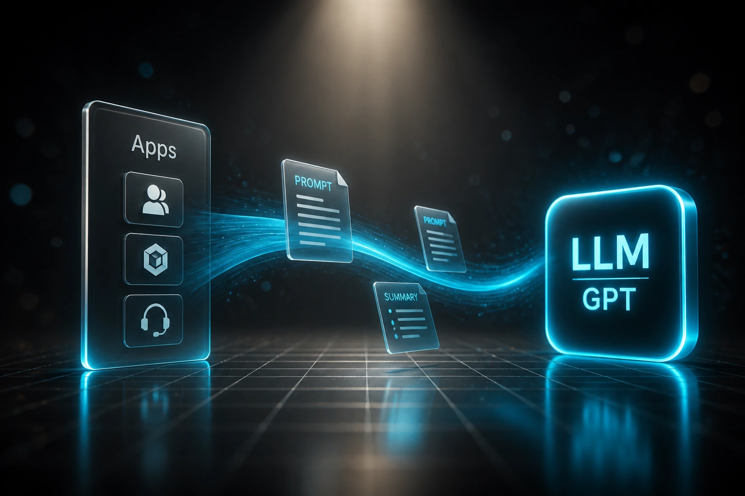 Glass Apps panel with CRM, ERP, and helpdesk icons connected by a cyan ribbon of prompt and summary cards to a glowing LLM GPT badge under an overhead spotlight