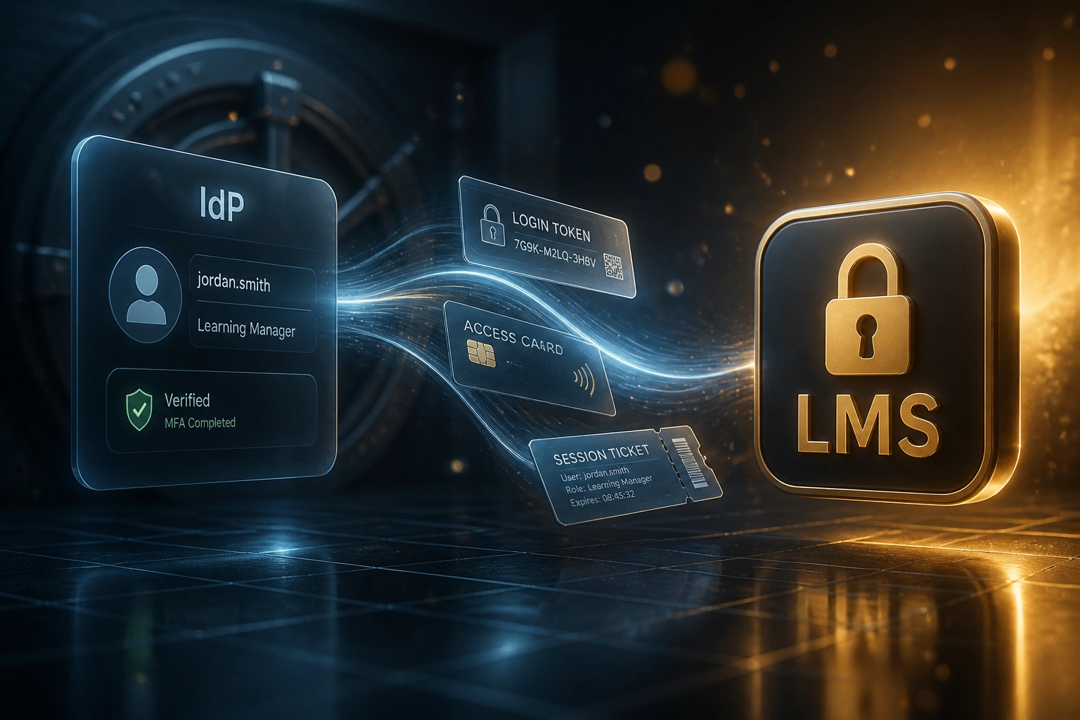 A glass IdP identity panel and a gold LMS lock badge linked by login tokens, access cards, and session tickets on a cool slate security vault backdrop