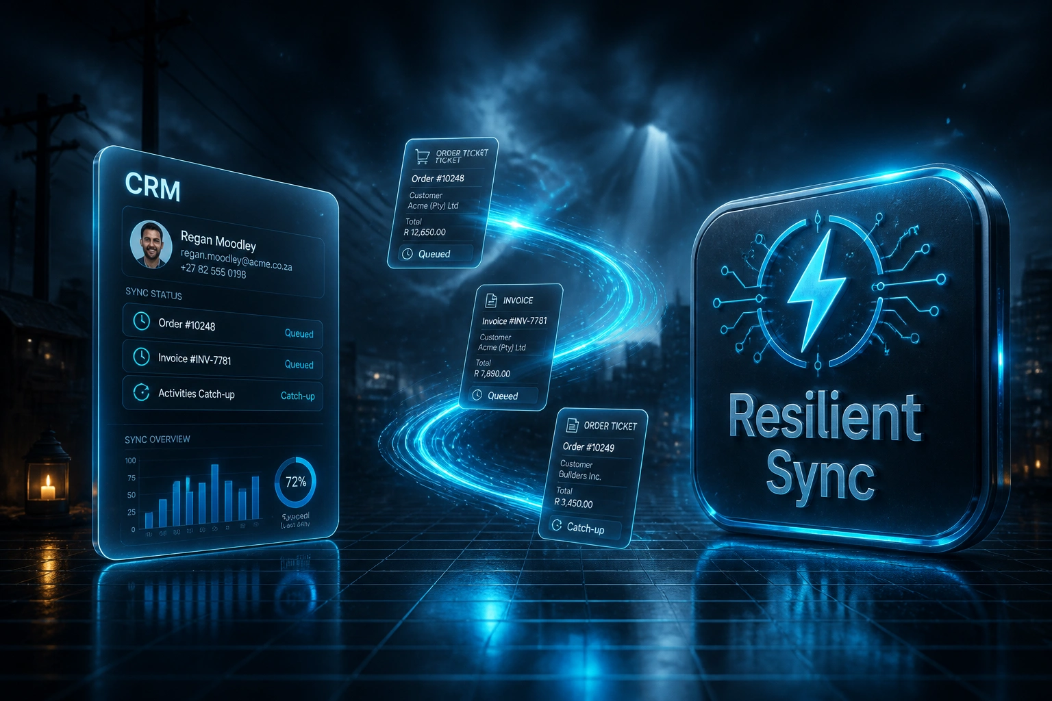 A glass CRM panel and a Resilient Sync badge linked by a cyan ribbon of queued orders and invoices against a stormy night outage backdrop