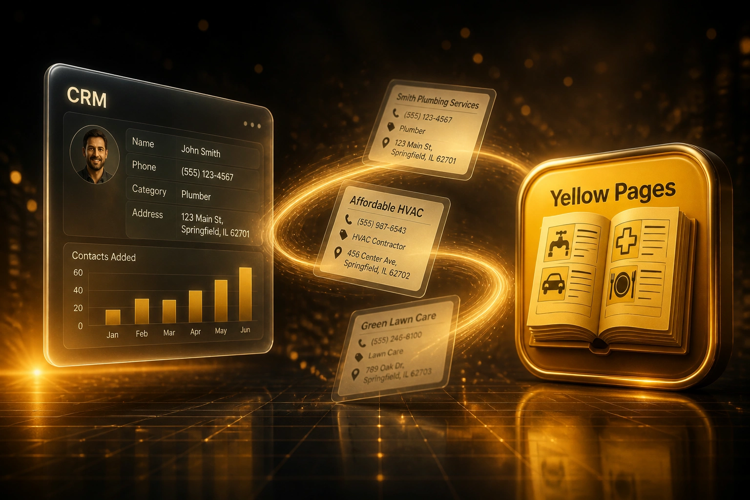 A glass CRM panel receiving business listing cards from an amber yellow-pages directory badge along a golden light ribbon