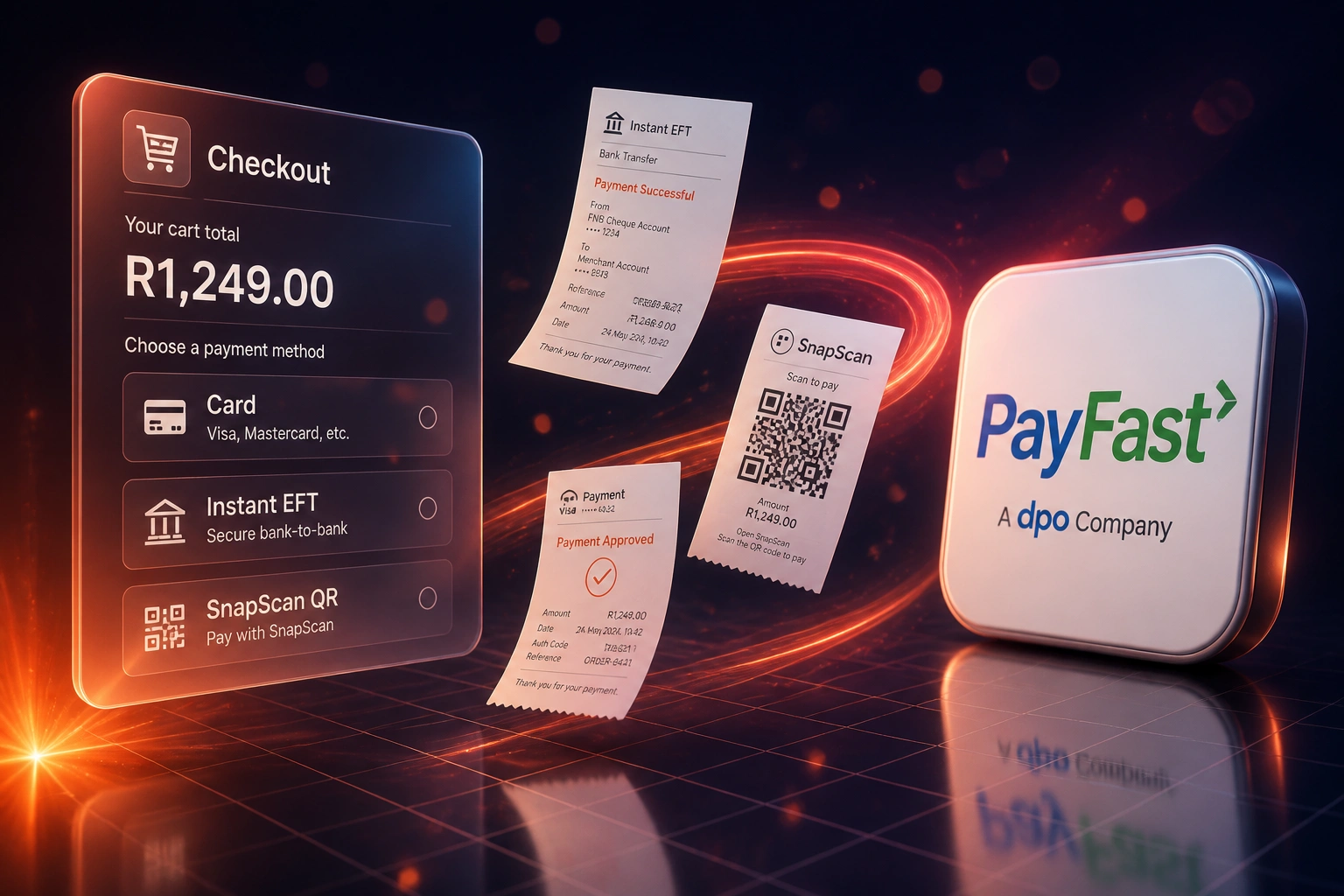 A Checkout panel and PayFast badge linked by Instant EFT, SnapScan QR, and card receipts on a coral light ribbon, illustrating South African payment gateway integration