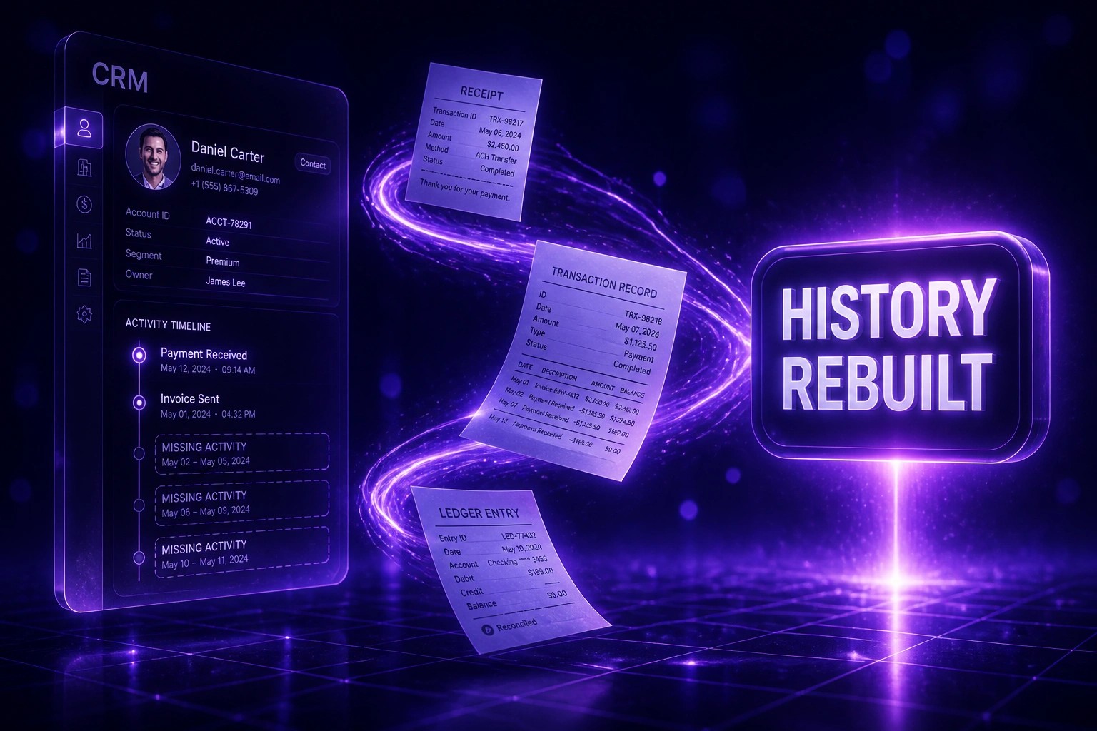 Glass CRM panel with missing timeline rows connected by a violet ribbon of receipts to a HISTORY REBUILT badge, illustrating forensic transaction history reconstruction