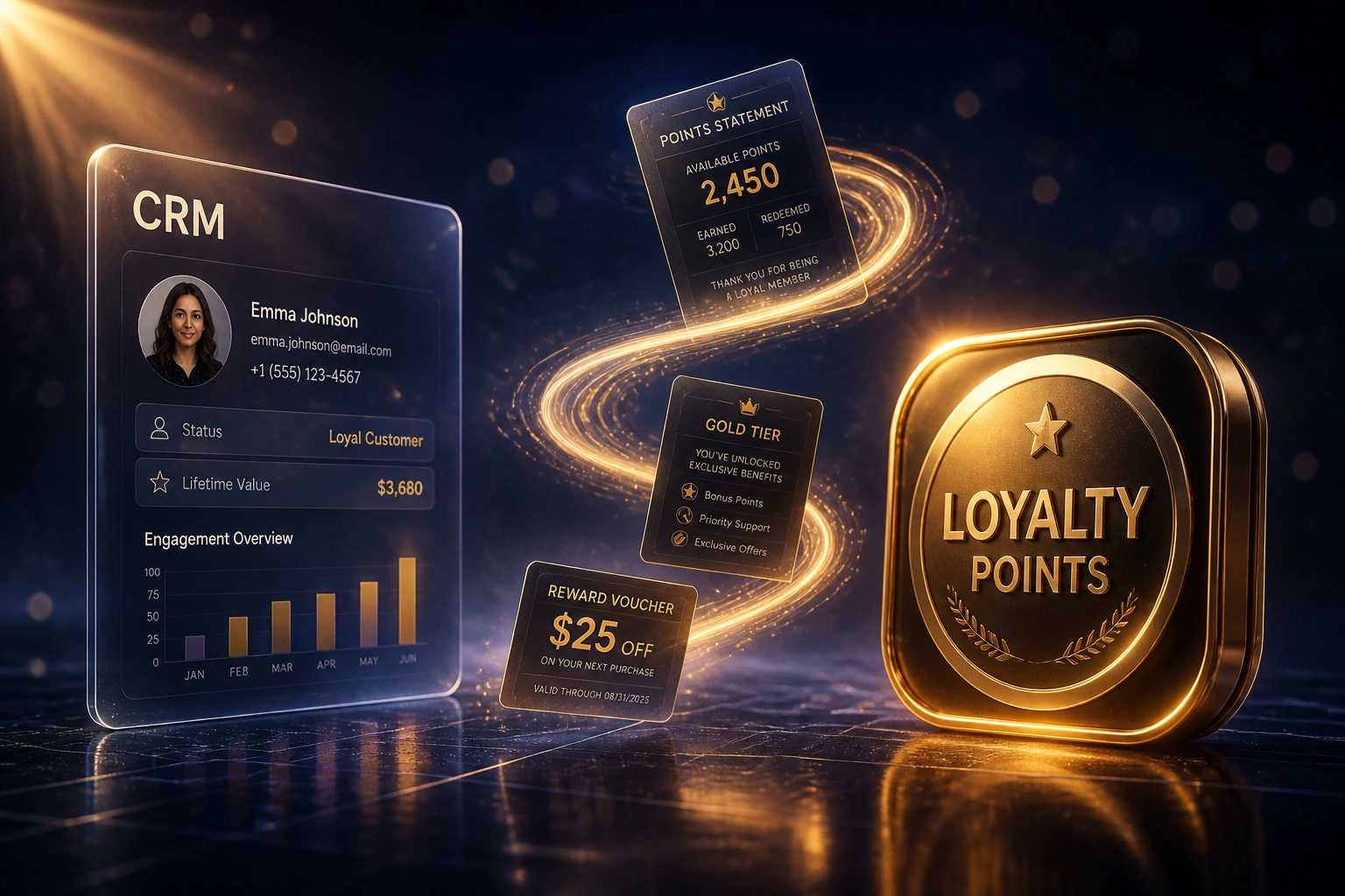 A glass CRM panel connected by a gold ribbon of points statements and reward vouchers to a glossy LOYALTY POINTS badge in a midnight indigo studio