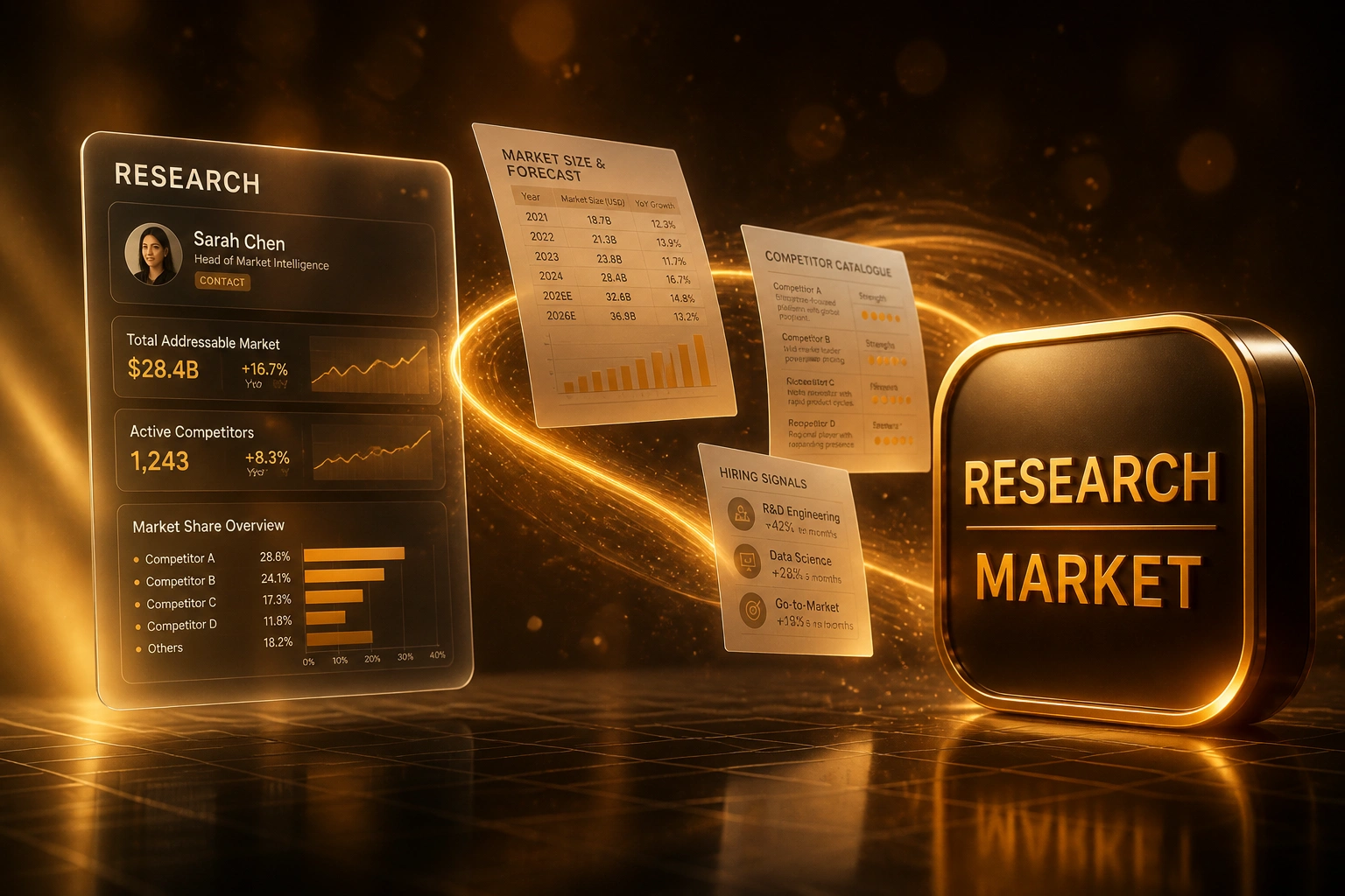 A glass RESEARCH panel and an amber MARKET badge connected by a ribbon of light carrying report and chart documents, illustrating web scraping for market research