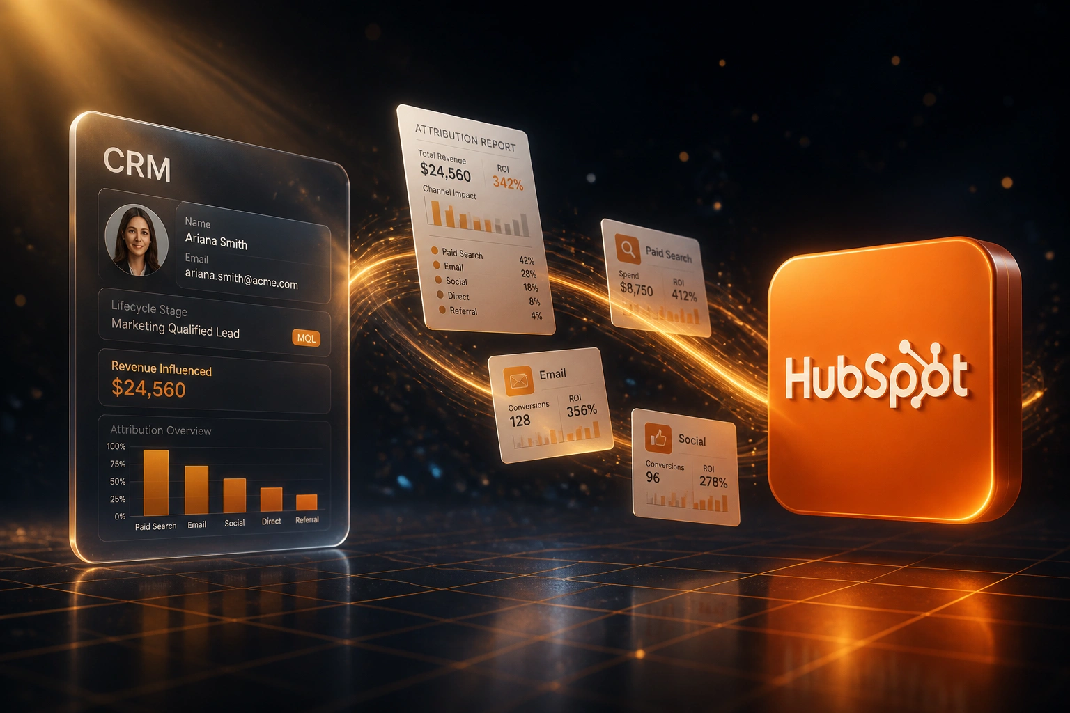A CRM panel and the HubSpot logo connected by attribution report cards on an amber light ribbon, illustrating multi-touch marketing attribution tracking