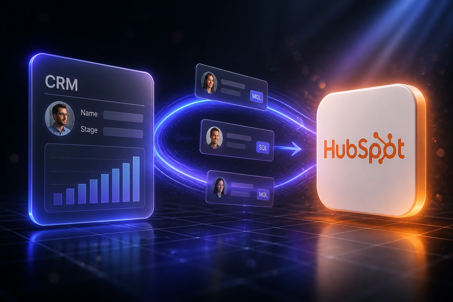 A glass CRM panel and the HubSpot logo linked by an electric indigo ribbon of MQL and SQL lead cards, illustrating bi-directional marketing automation CRM sync