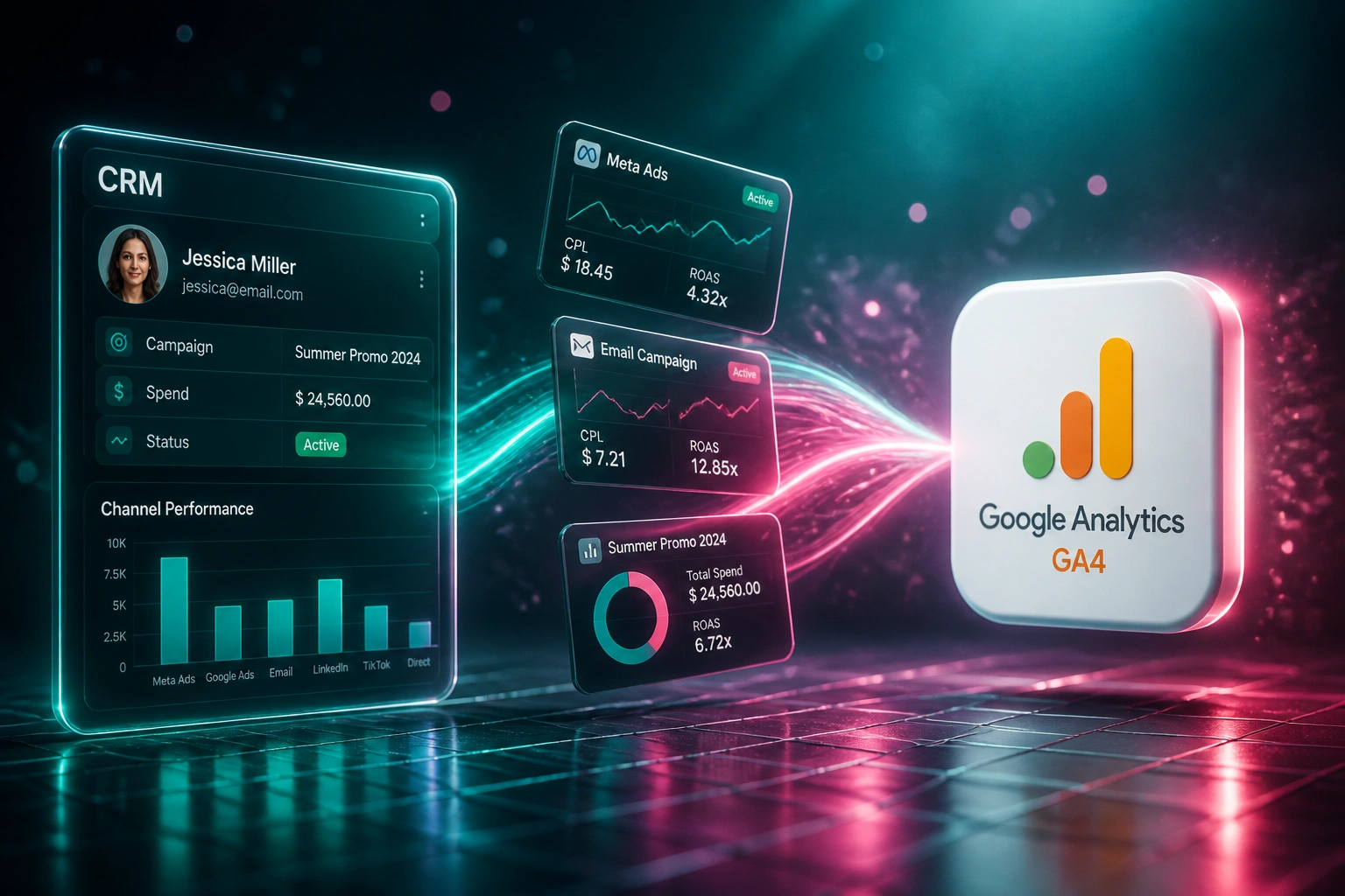 A glass CRM panel and Google Analytics badge linked by campaign report cards on a teal and magenta ribbon, illustrating a unified marketing performance dashboard