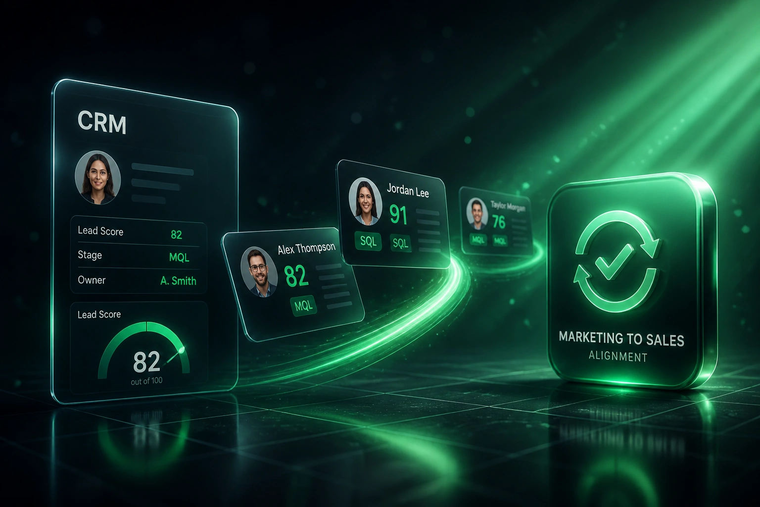 A glass CRM panel and an emerald marketing-to-sales alignment badge connected by scored MQL and SQL lead cards on a glowing ribbon