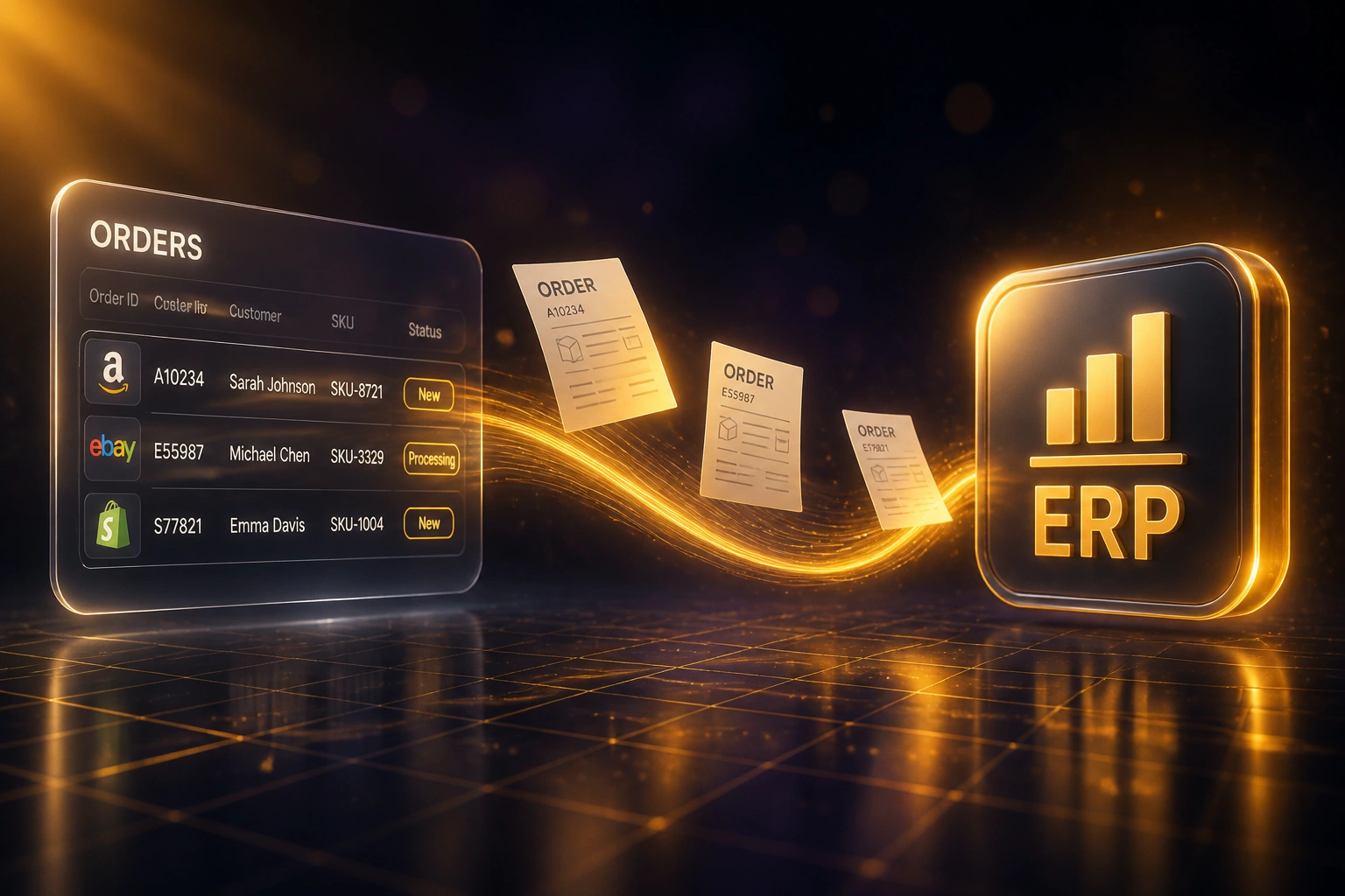A glass ORDERS panel listing marketplace orders connected by an amber ribbon of order documents to a glossy ERP badge, illustrating automated marketplace order import