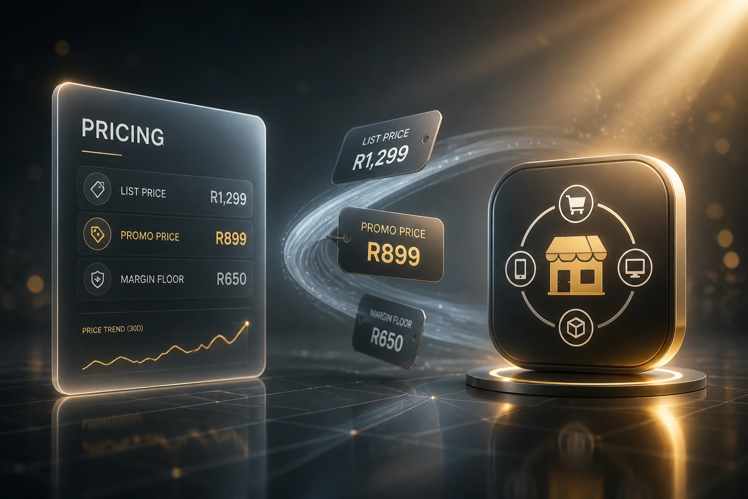 A glass PRICING panel with list, promo, and margin-floor rows linked by gold price tags to a marketplace hub badge, illustrating automated price sync