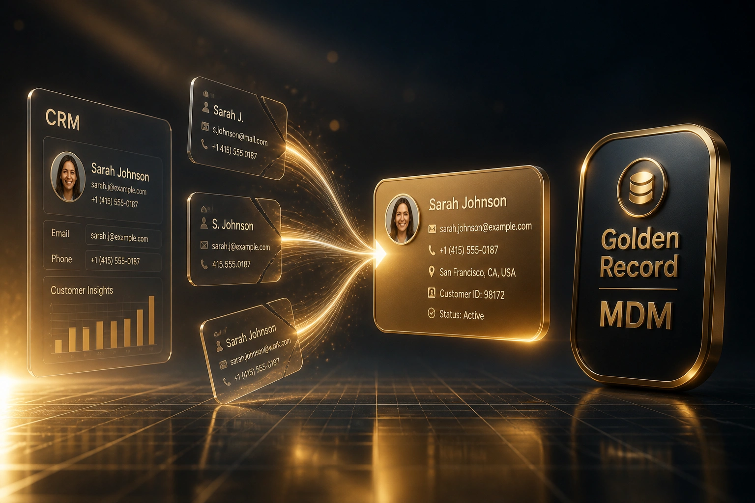 A glass CRM panel and a Golden Record MDM badge connected by fragmented customer cards converging into one master record on a deep navy floor