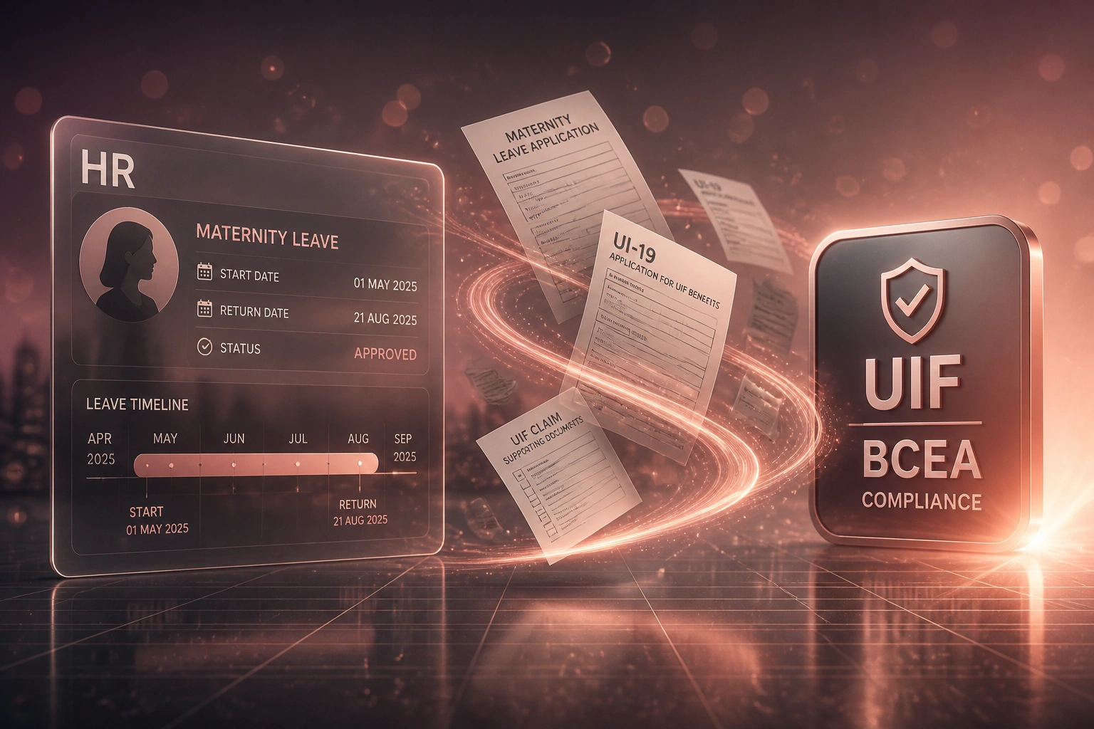 A glass HR panel and a UIF BCEA compliance badge connected by maternity leave forms and UIF claim documents on a soft rose dusk ribbon