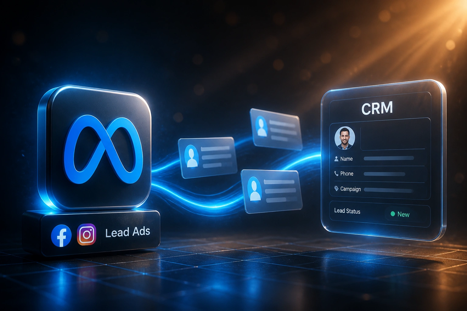 A Meta Lead Ads badge and a glass CRM panel connected by a ribbon of lead cards, illustrating real-time Facebook and Instagram lead sync
