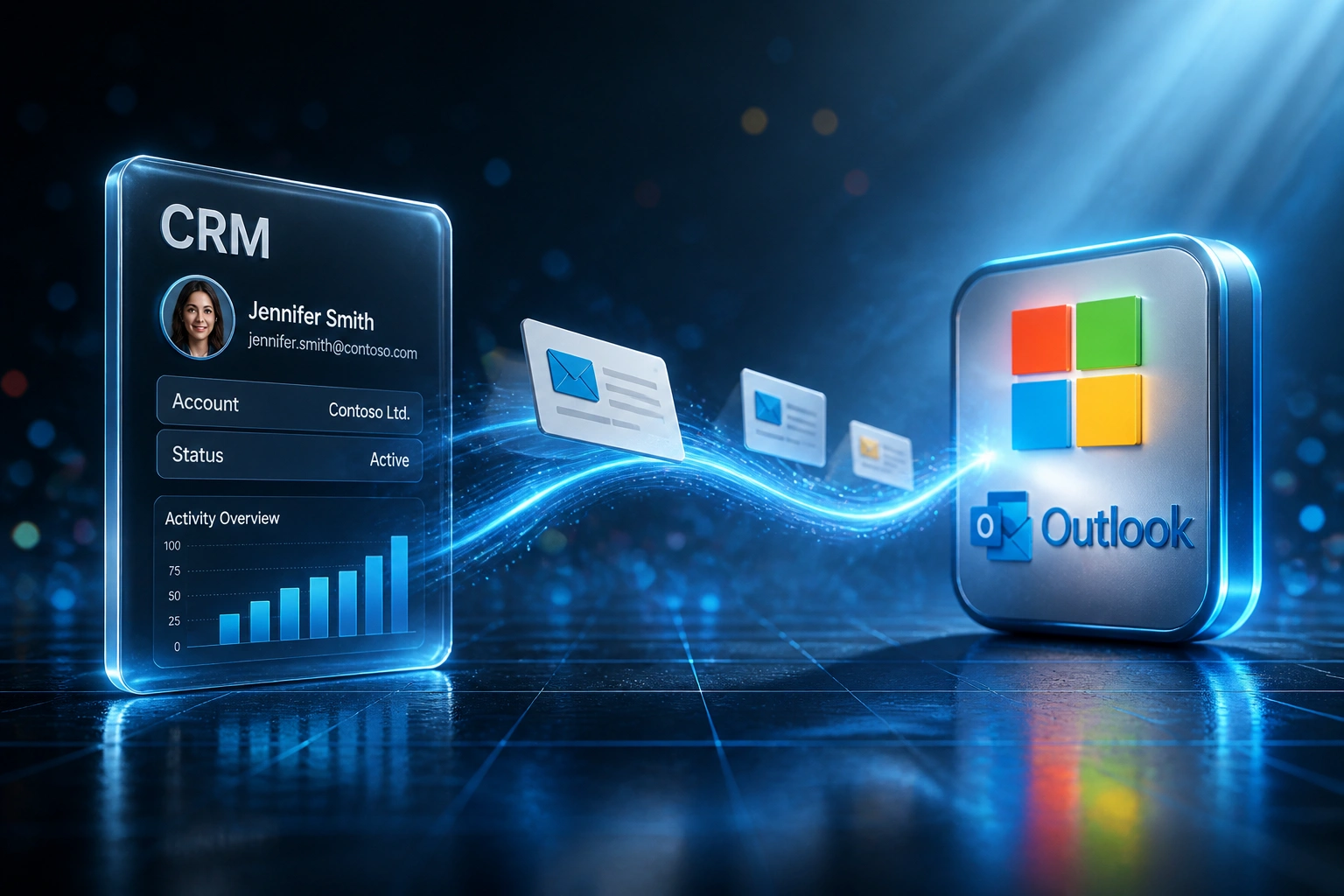 A glass CRM panel and a Microsoft Outlook logo badge linked by a ribbon of email cards, illustrating Microsoft Graph email integration