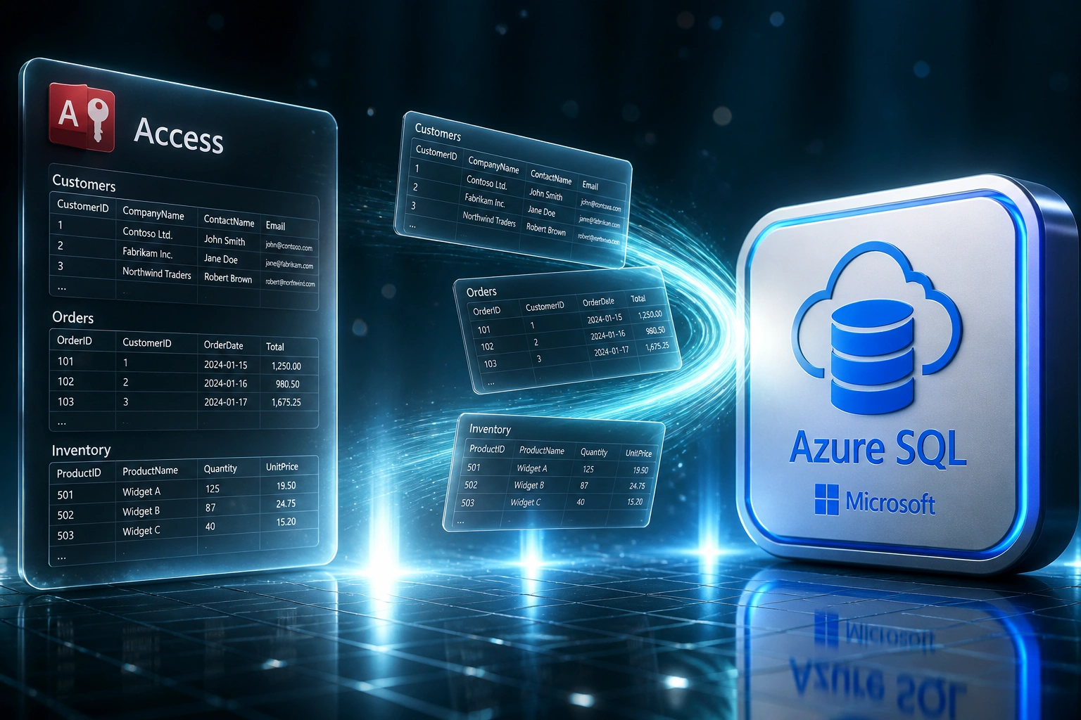 A glass Access database panel and an Azure SQL cloud badge linked by a teal ribbon of table cards flying across a dark reflective floor