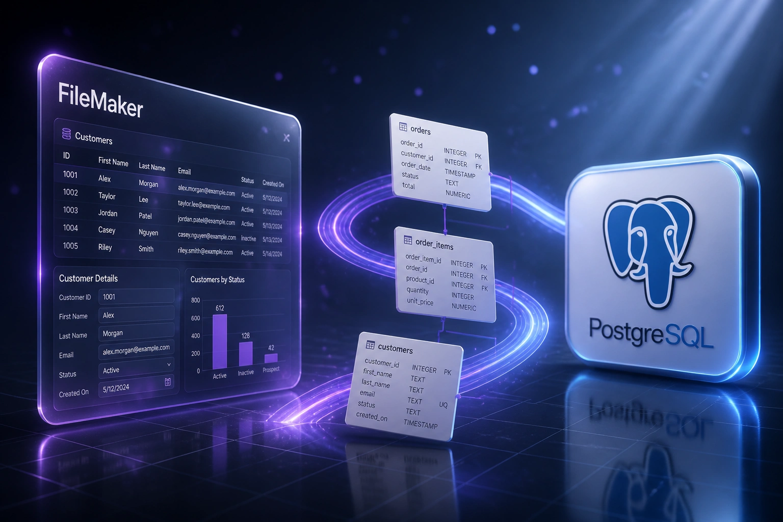 A glass FileMaker panel and a PostgreSQL badge linked by a violet ribbon of table schema cards flying across a dark reflective floor