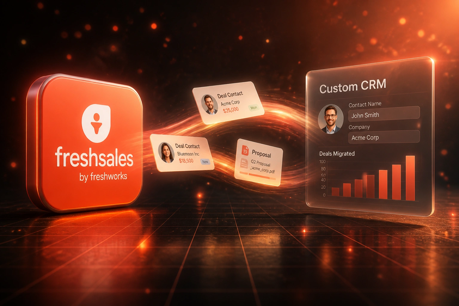 Freshsales logo badge connected by a ribbon of deal and contact records to a Custom CRM glass panel in a warm charcoal ember scene with coral-amber light