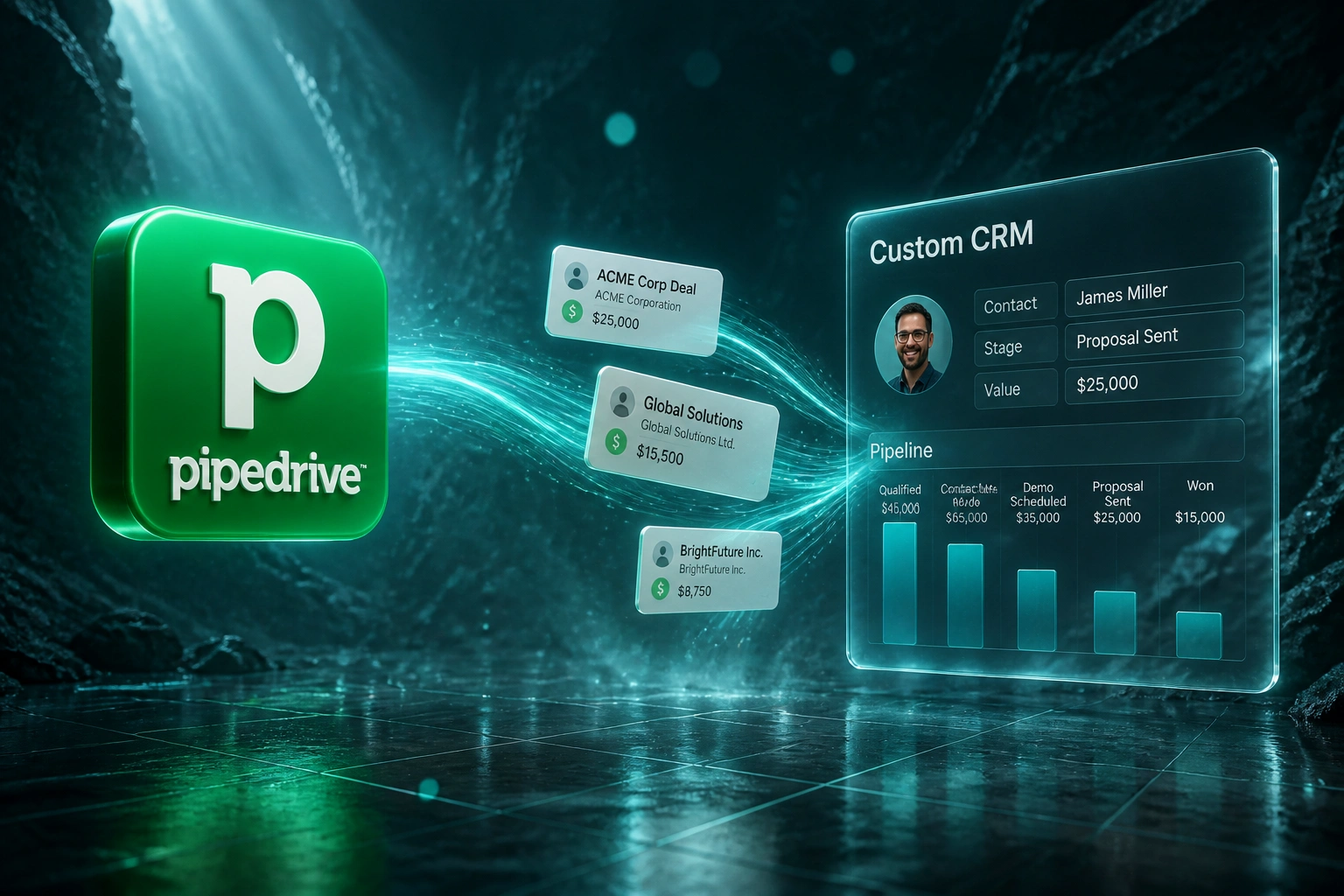 Pipedrive logo badge connected by a ribbon of deal and contact records to a Custom CRM glass panel in a cool teal-slate cavern