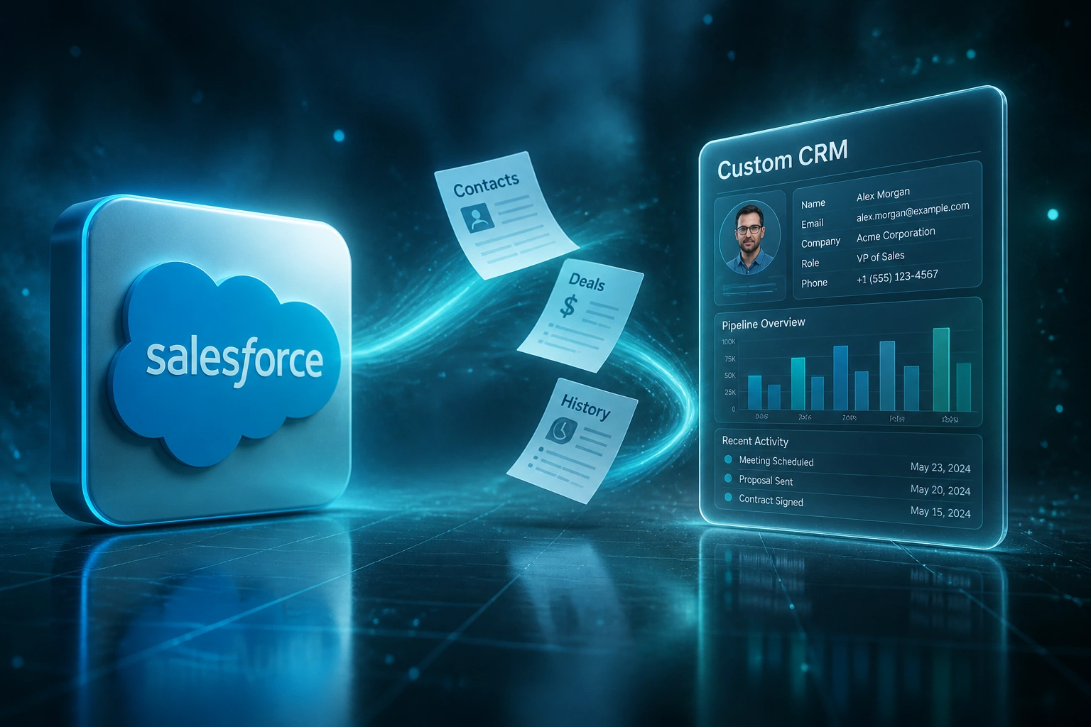Salesforce logo badge connected by a ribbon of contacts, deals, and history documents to a Custom CRM glass panel, illustrating a structured migration