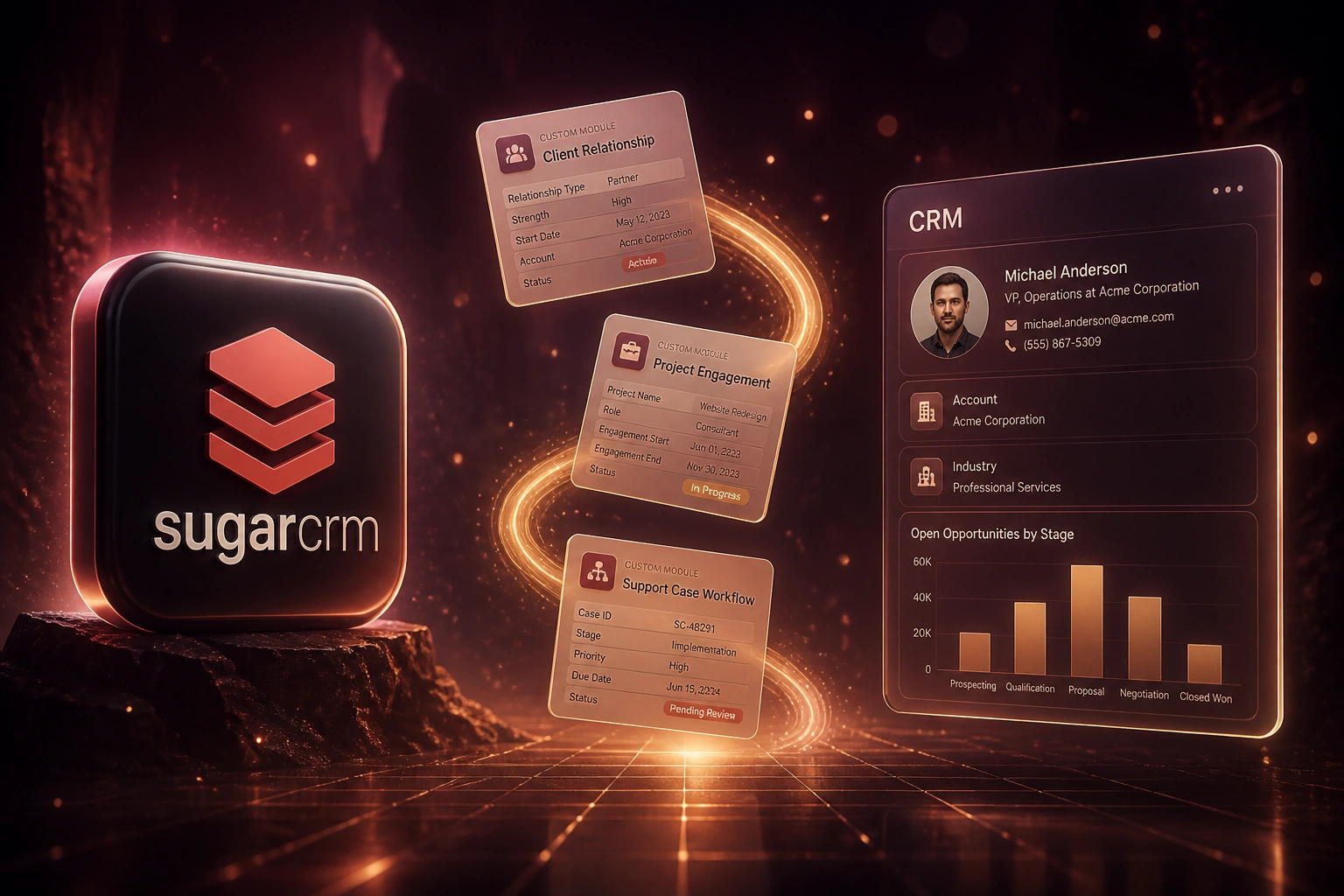 SugarCRM logo badge connected by a ribbon of custom-module records to a Custom CRM glass panel in a deep plum and warm gold atmosphere
