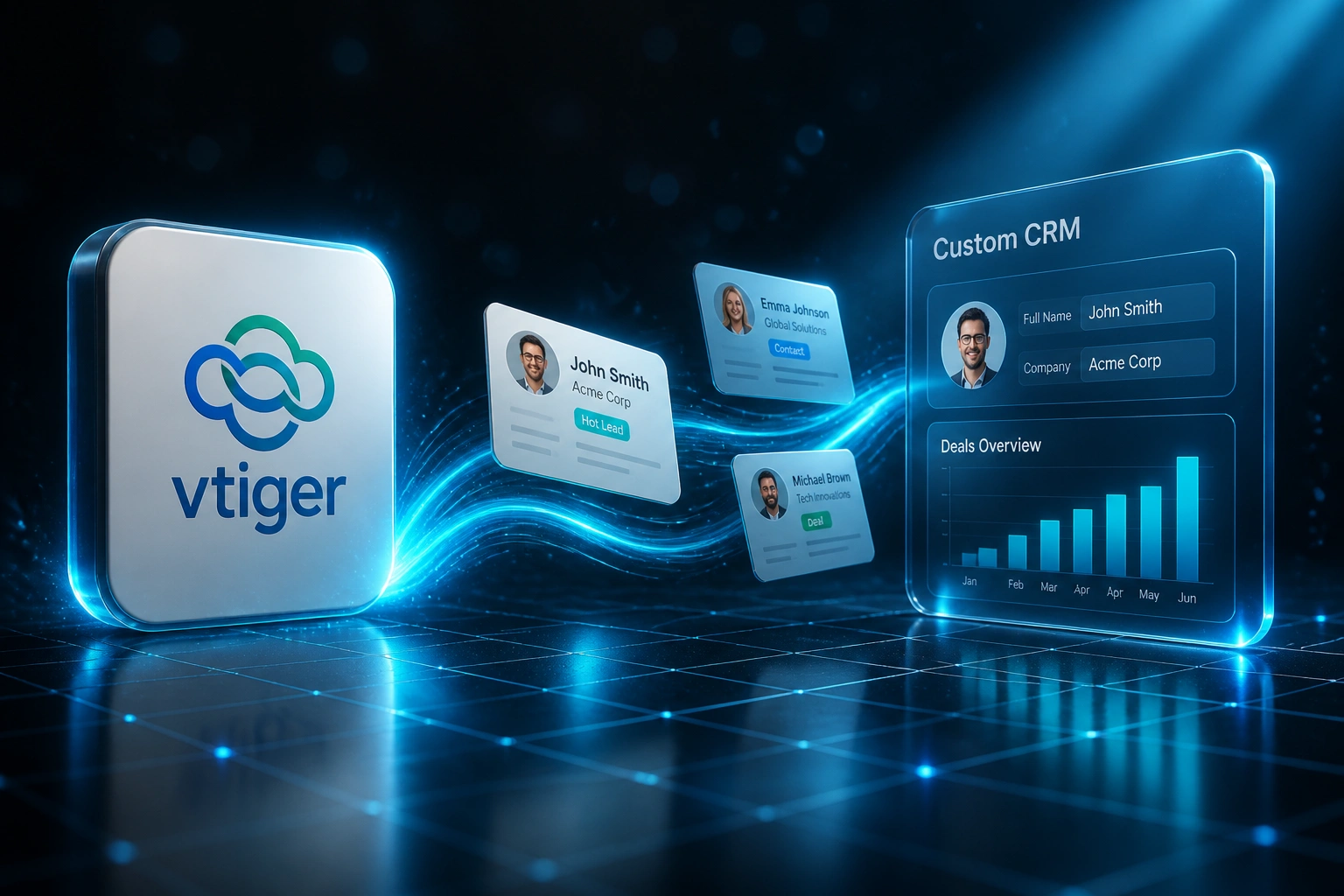VTiger logo badge connected by a ribbon of contact and deal records to a Custom CRM glass panel under a charcoal slate sky with an electric cyan diagonal beam