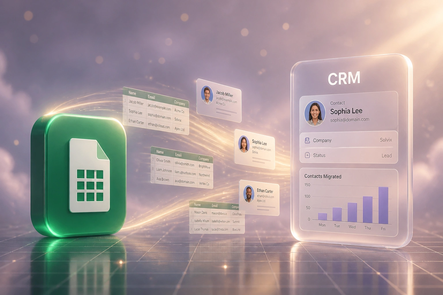 Google Sheets logo badge connected by a ribbon of sheet rows and contact cards to a glass CRM panel on a soft lavender-grey mist floor