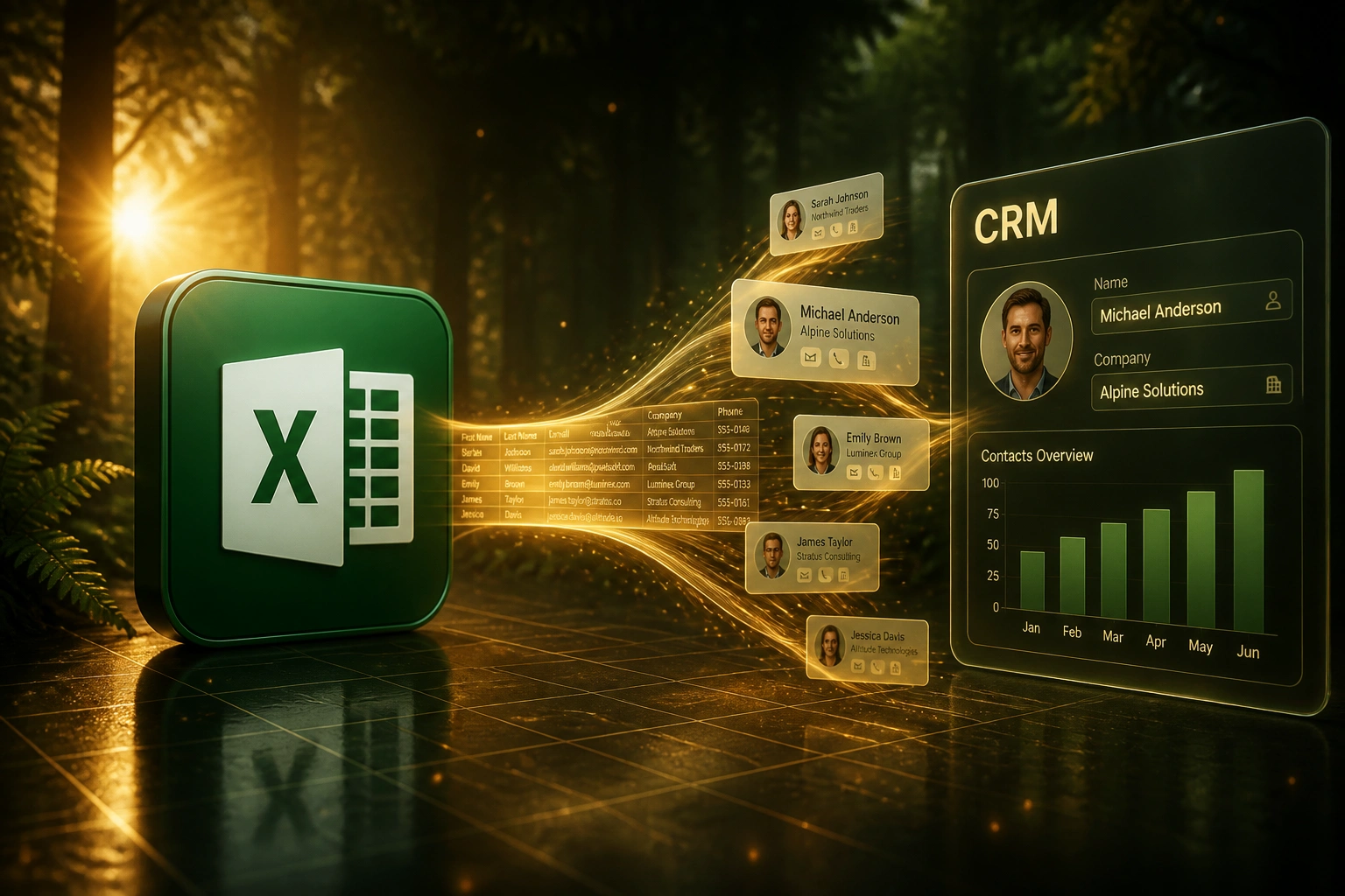 A glossy Excel badge sends spreadsheet rows along a ribbon of light that transform into CRM contact cards beside a glass CRM panel in a warm forest dusk scene