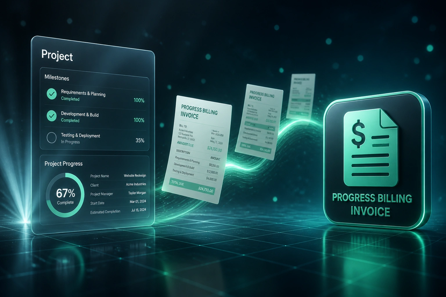 A project milestone checklist and a progress-billing invoice badge linked by a mint ribbon of invoice documents, illustrating automated milestone invoicing