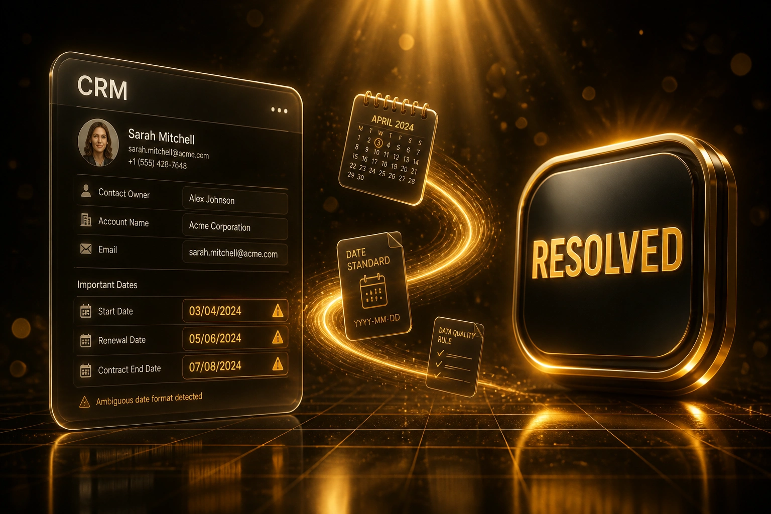 Glass CRM panel showing ambiguous dates like 03/04/2024 flowing along an amber light ribbon into a glossy RESOLVED badge on a warm charcoal floor
