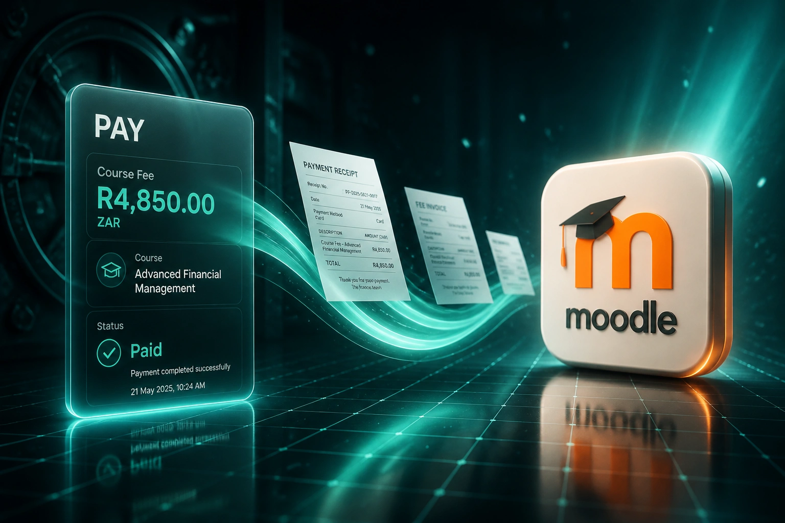 A glass PAY panel showing a Rand course fee and the Moodle logo linked by mint light carrying payment receipts, illustrating Moodle payment gateway integration