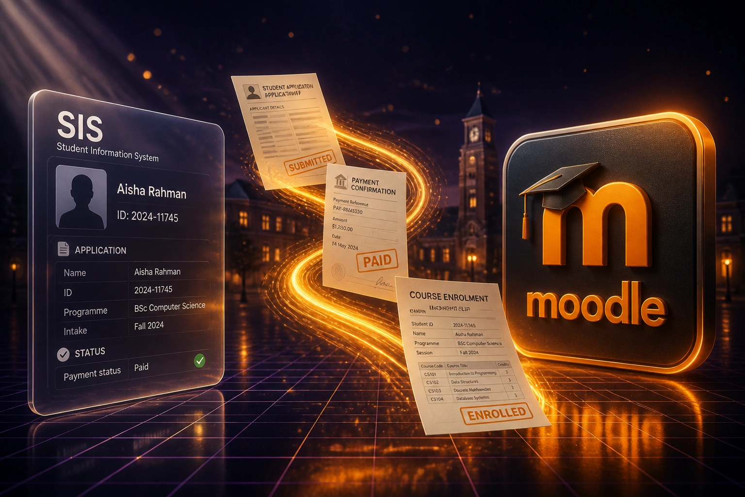 A glass SIS panel and the Moodle logo connected by enrolment documents on an amber light ribbon against a deep indigo night campus, illustrating automated student registration