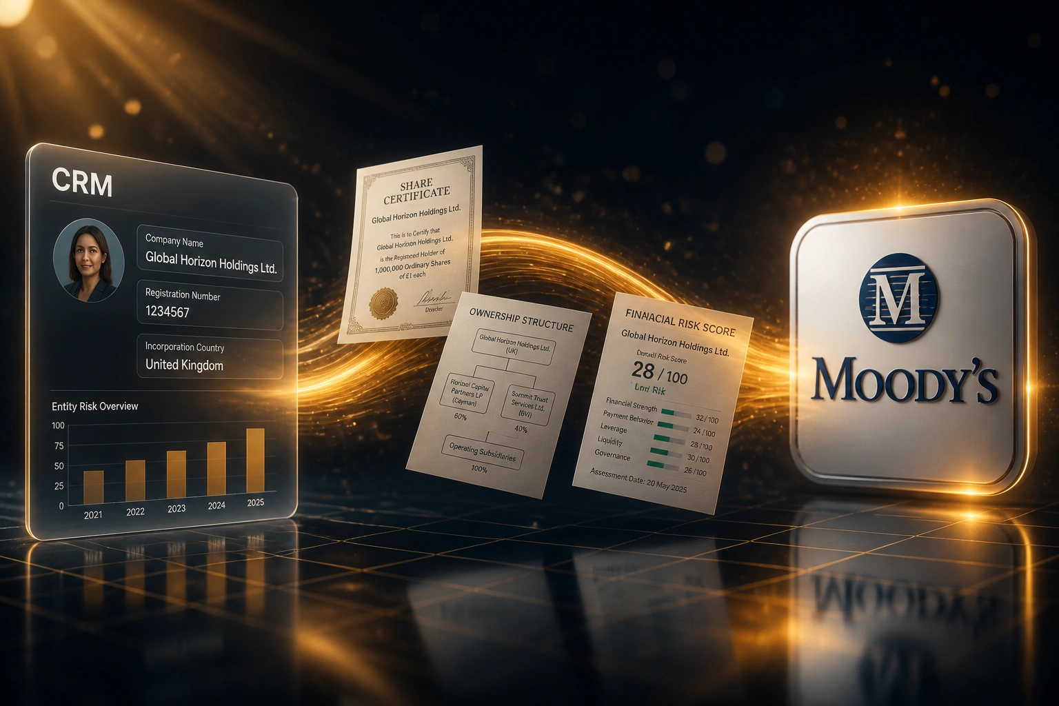 A glass CRM panel and the Moody's logo connected by an amber ribbon of ownership documents and risk score sheets, illustrating automated corporate entity verification