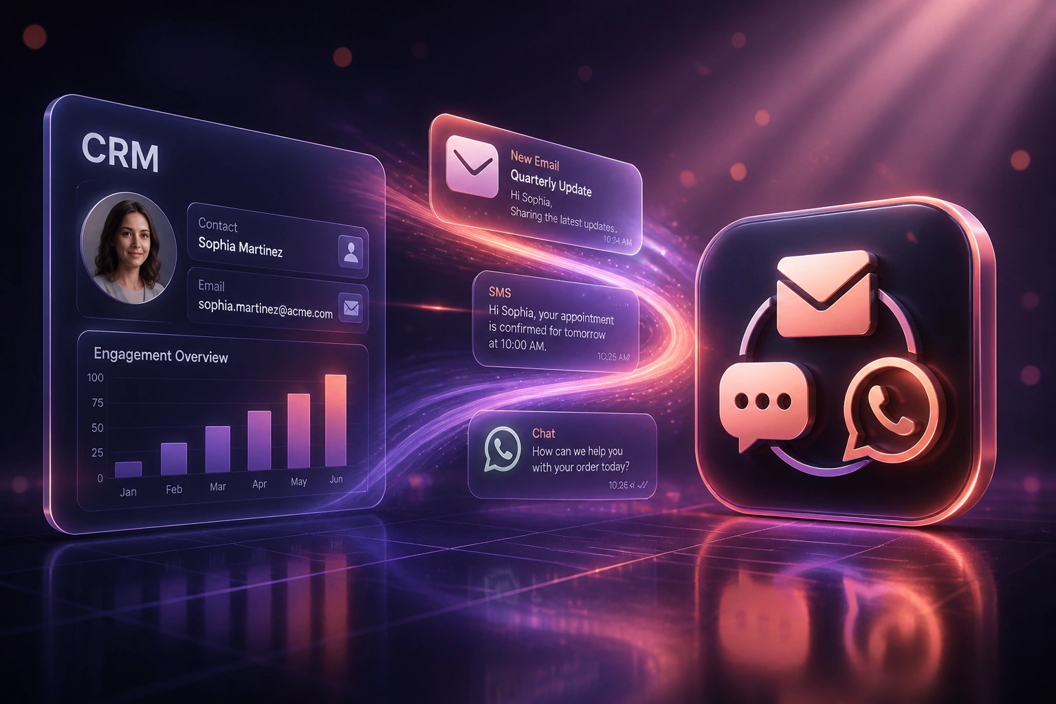 A glass CRM panel linked by a coral ribbon of message cards to a glossy multi-channel hub badge with email, SMS, and WhatsApp icons, illustrating campaign orchestration