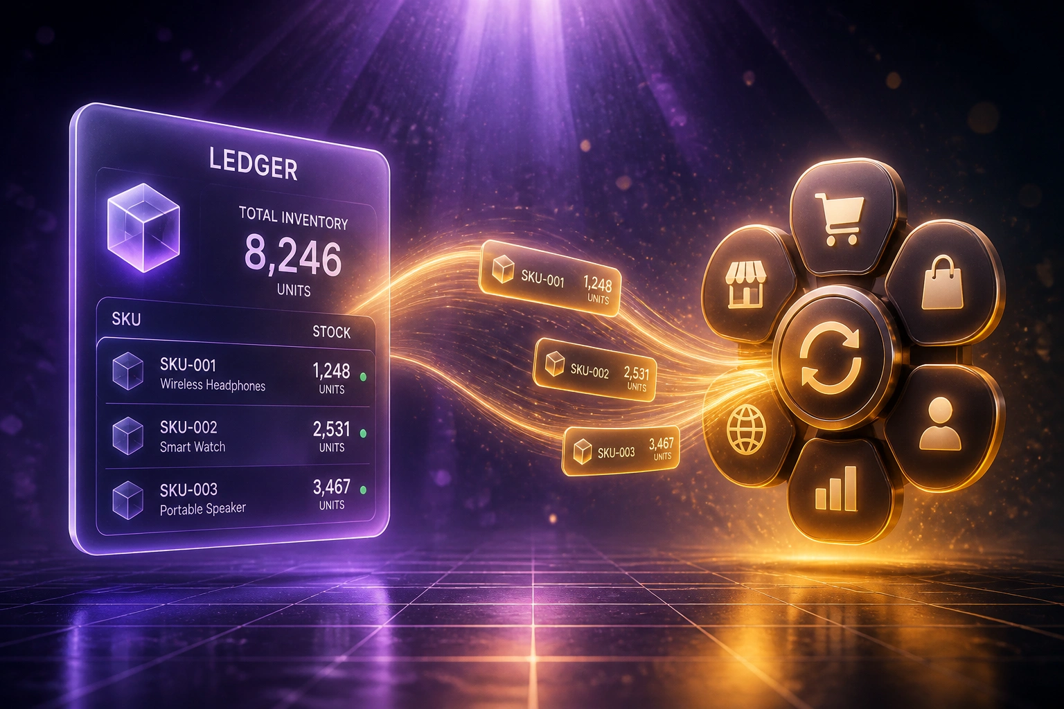A central inventory ledger panel connected by an amber ribbon of light to a multi-channel marketplace hub, illustrating omnichannel stock sync