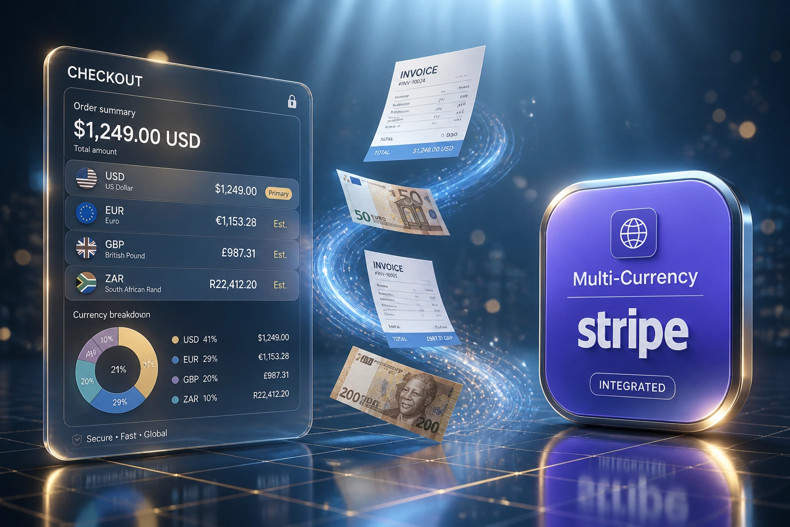 A glass Checkout panel showing USD, EUR, GBP, and ZAR totals connected by a steel-blue light ribbon to a glossy Stripe Multi-Currency badge, with invoices and currency notes mid-flight