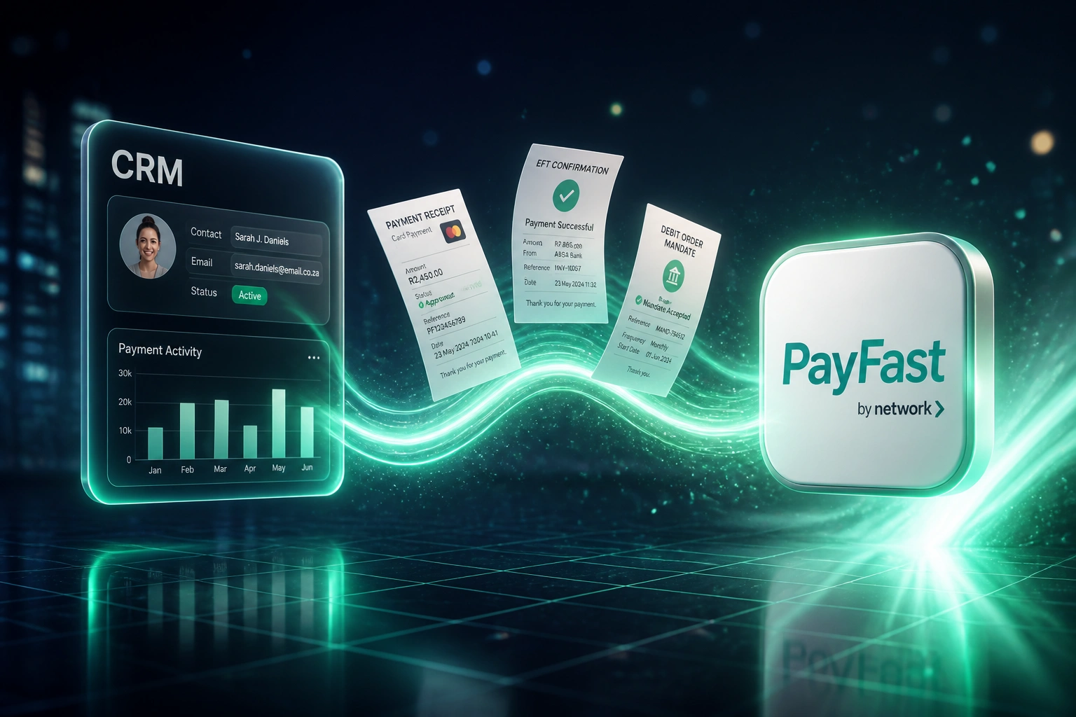 A CRM panel and PayFast badge linked by a mint ribbon carrying card, EFT, and debit-order receipts across a midnight indigo scene