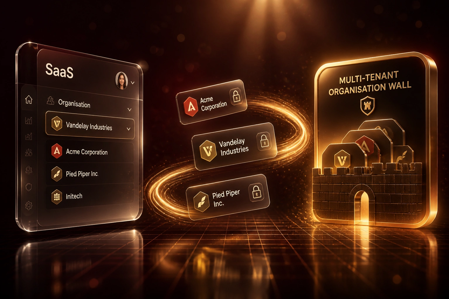 Glass SaaS panel and a gold multi-tenant organisation wall linked by floating tenant cards on a warm burgundy backdrop, illustrating isolated authentication
