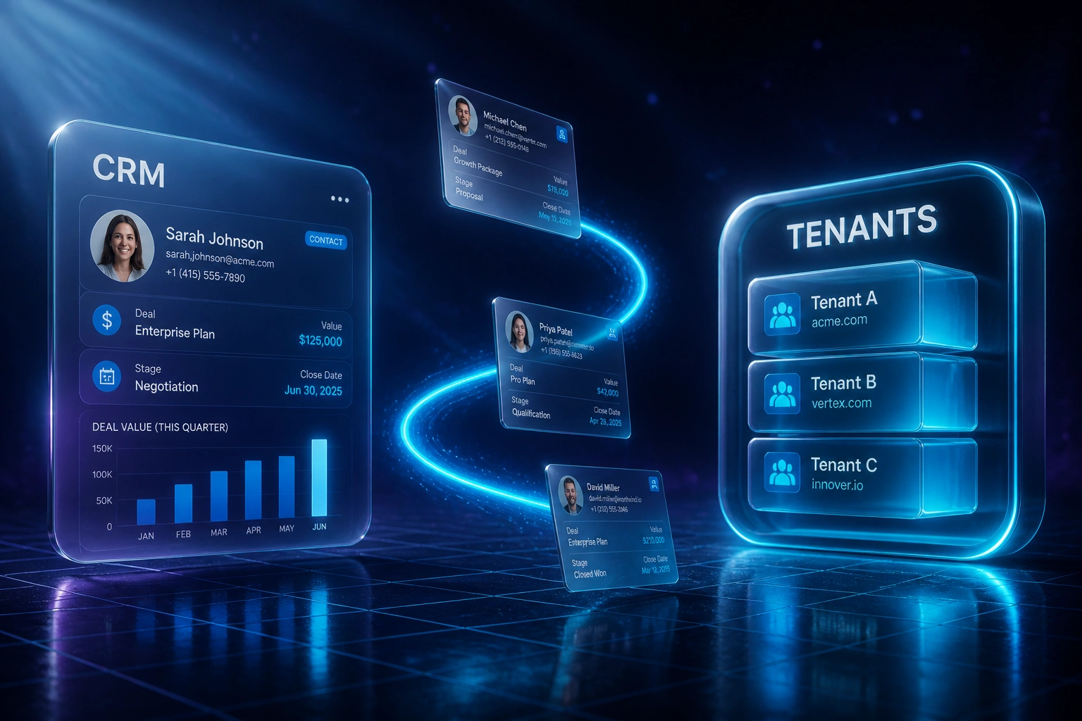 Glass CRM panel and a cyan TENANTS badge with stacked tenant cubes linked by floating contact records on a deep indigo backdrop, illustrating multi-tenant CRM architecture