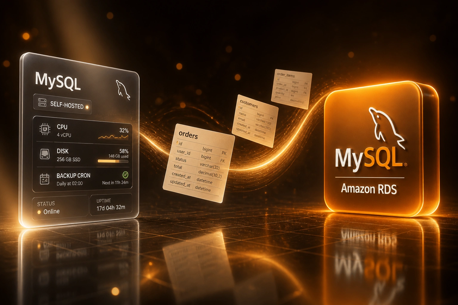 A self-hosted MySQL glass panel and an Amazon RDS MySQL badge connected by a flowing stream of database schema documents, illustrating MySQL cloud migration
