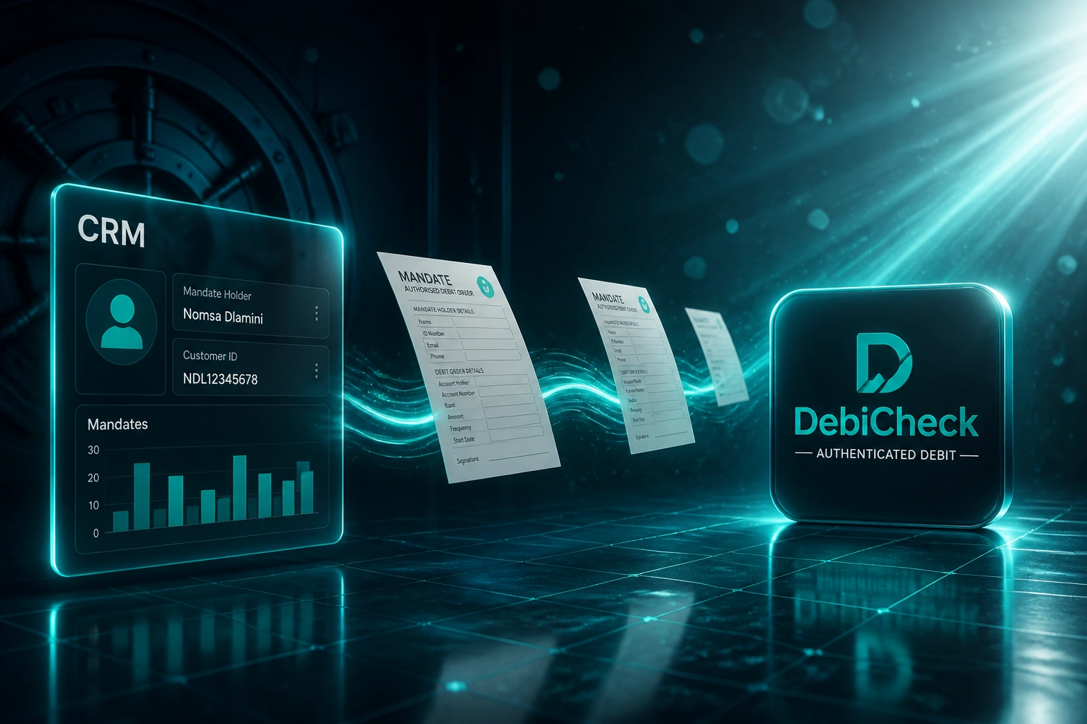 A CRM panel and the DebiCheck logo connected by a teal ribbon of mandate documents migrating through a deep navy vault, illustrating NAEDO to DebiCheck migration