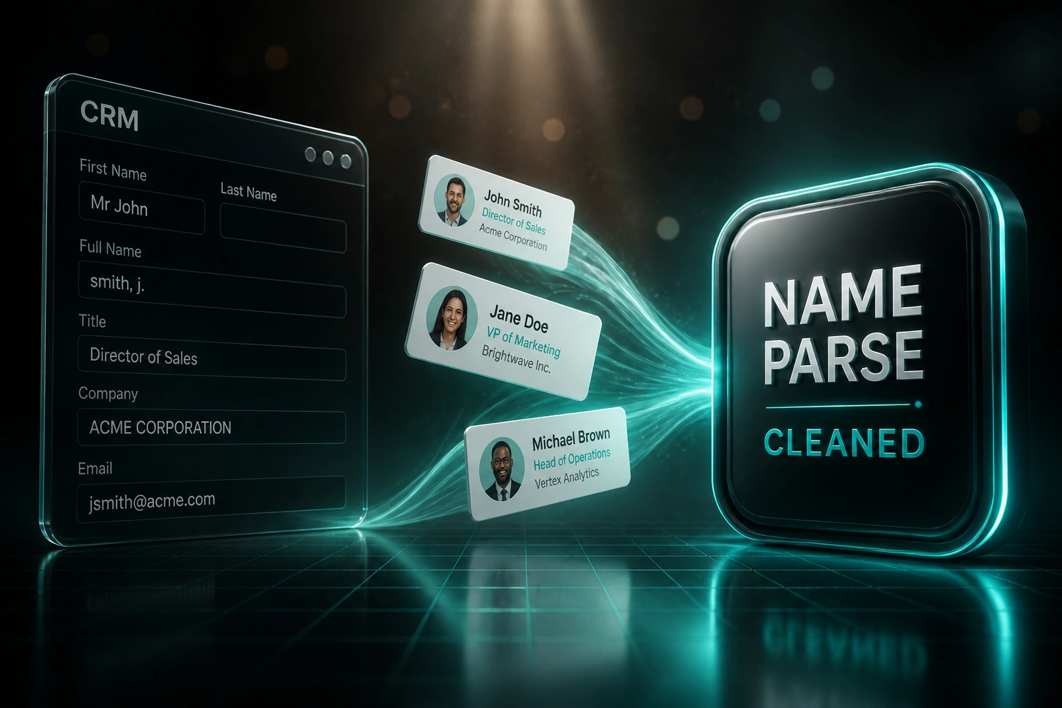 A glass CRM panel with messy name fields flowing along a teal ribbon of contact cards into a glossy NAME PARSE CLEANED badge