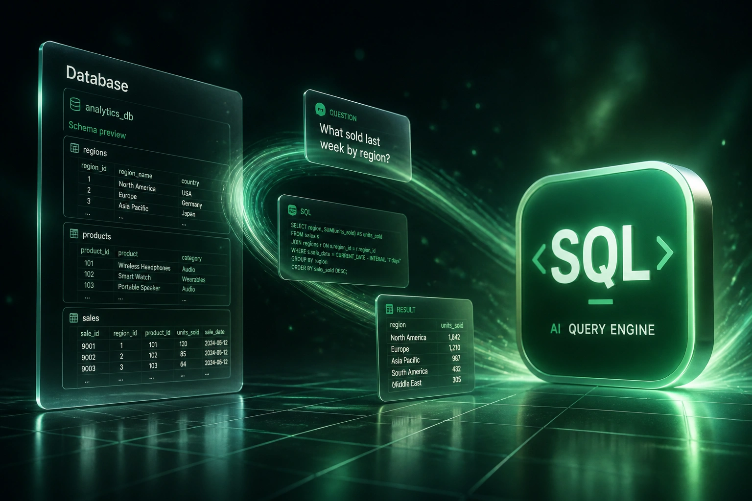 A glass Database schema panel and a glossy SQL AI Query Engine badge linked by floating question, SQL, and result cards on a charcoal slate emerald backdrop