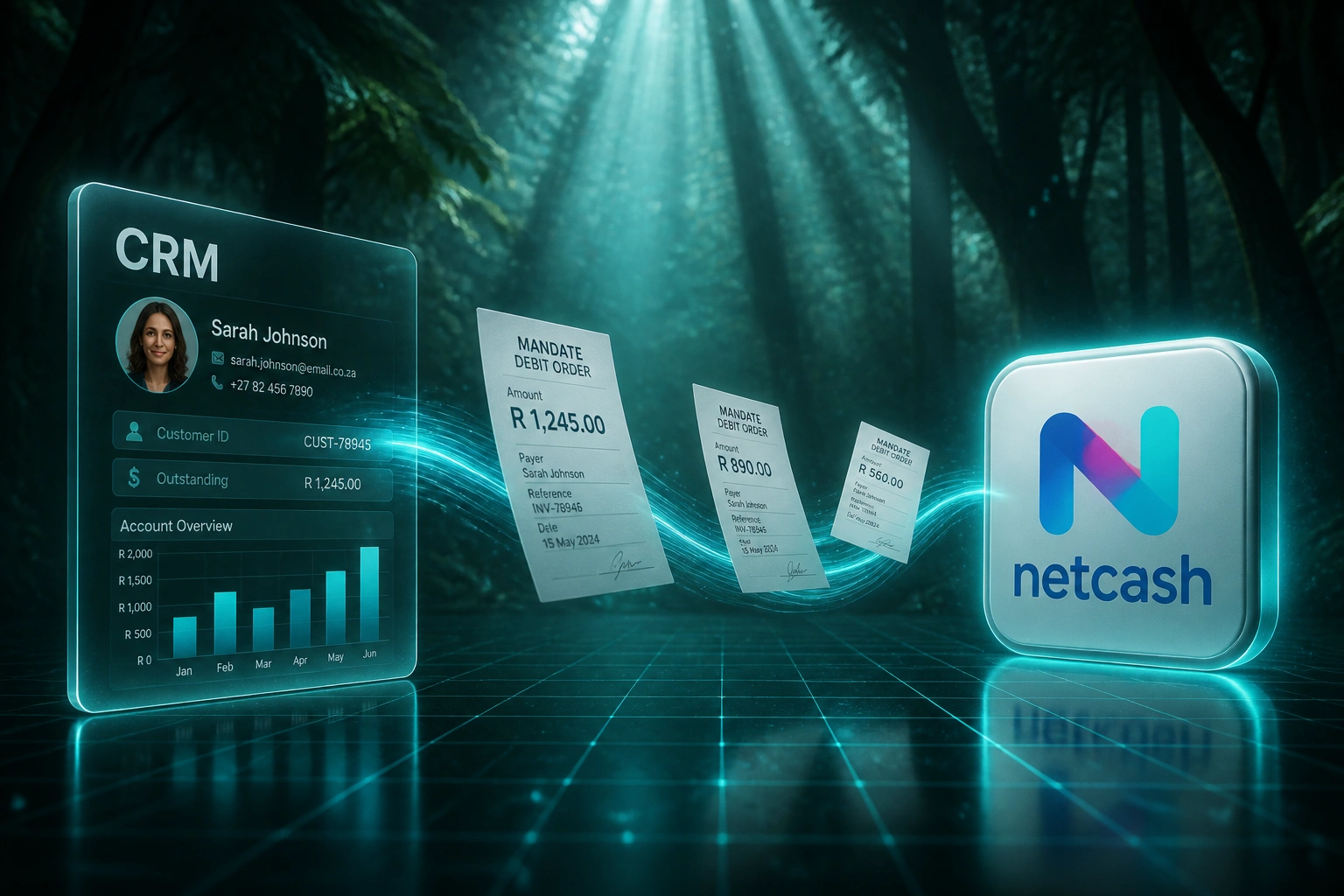 A CRM panel and the Netcash logo connected by a cyan ribbon of DebiCheck mandate documents, illustrating authenticated debit order setup